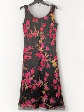 Vintage 90s Virgo Floral Dress Black Pink Flowy Women’s Size Large 14